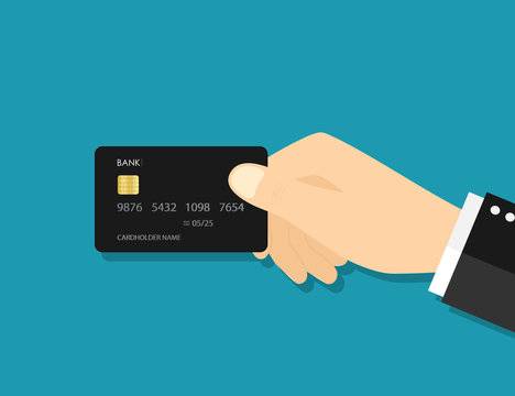 Hand hold credit card. Icon of payment. Concept of bank, money, pay. Comfort shopping without cash. Customer buy in store. Online purchase, transaction. Chip in debit card for identity swipe. Vector