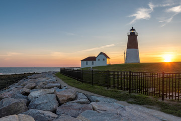 The Point Judith lighthouse at sunset near Narragansett, Rhode Island