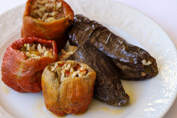 Turkish style stuffed eggplant and dried peppers
