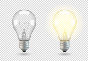 Isolated light bulb, vector object on a transparent background, the effect of light and glow. Realistic 3d object, symbol of creativity and ideas. Concept for business or startup.