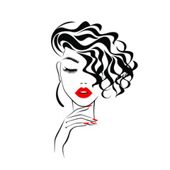 Beautiful sexy face, red lips, hand with red manicure nails, fashion woman, element design, nails studio, curly hairstyle, hair salon sign, icon. Beauty Logo. Vector illustration. Hand drawing style.