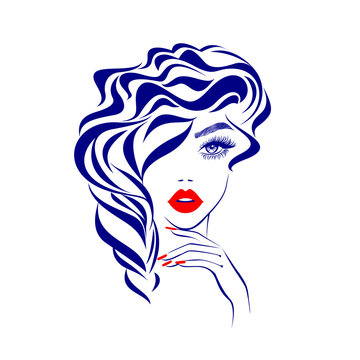 recommend clip art: Beautiful sexy face, red lips, fashion woman, element design, curly hairstyle, hair salon sign, icon. Beauty Logo. Vector illustration. Hand drawing style.