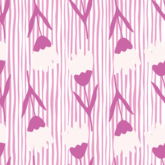Decorative tulip seamless pattern on stripe background. Abstract floral backdrop. Spring flower wallpaper.