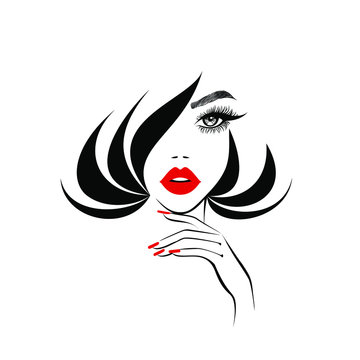 recommend clip art: Beauty logo, beautiful sexy face, red lips, hand with red manicure nails, fashion woman, red earrings, nails studio, black hairstyle, hair salon sign, icon. Beauty Logo. Vector illustration.