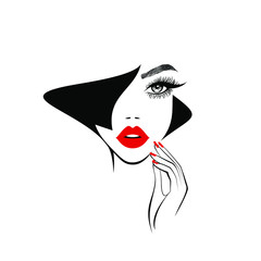 Beautiful woman face with black lips, lush eyelashes, hand with black manicure nails, black hair, stylish hairstyle. Beauty Logo. Nail art studio. Wallpaper background. Vector illustration.