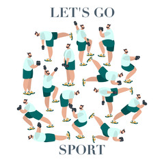 Fit person make exercise in sportswear. Active and healthy lifestyle concept. Sports competition indoor workout athletic. Flat vector illustration people bundle set