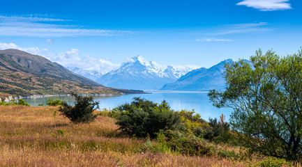 Mount Cook in the Aoraki Mount Cook National Park in Canterbury, New Zealand. Mount Cook is the highest mountain in New Zealand