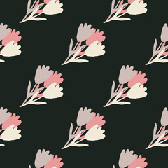 Vintage floral endless wallpaper. Geometric flowers bouquet seamless pattern on black background.