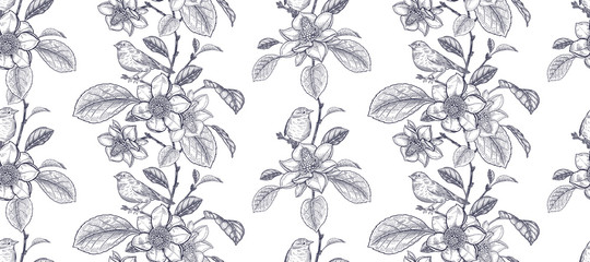 Black and white seamless pattern. Blooming magnolia tree and little cute birds.