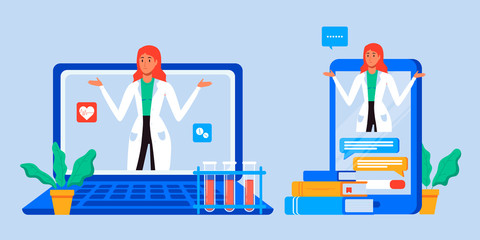 Online patient medical consultation and support chat set. Online doctor mobile app messenger. Healthcare services, Ask a doctor. Family doctor on the laptop and phone screen. Tele medicine banner.