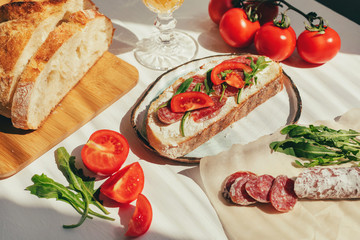 Dinner in Italian or Spanish style. Appetizer with bruschetta with fouet, tomato and arugula in handmade plate on white wooden table in sun lighting. Delicious food
