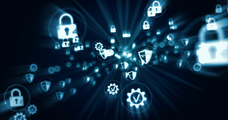 Cyber security, computer protection, cyberspace, safety and padlock symbols 3d rendering abstract concept illustration. Cyber icons futuristic digital digital background.