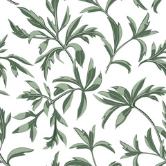 Trendy floral background of twigs with leaves scattered random on white.