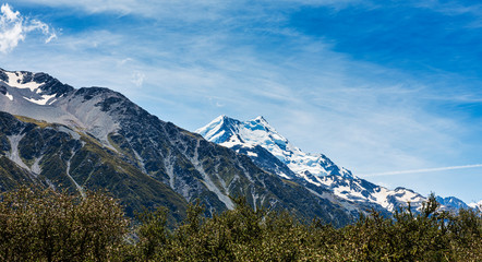 Mount Cook in the Aoraki Mount Cook National Park in Canterbury, New Zealand. Mount Cook is the highest mountain in New Zealand