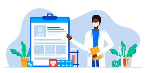 Fototapeta premium Healthcare insurance vector concept, doctor helps fill health form document. Human life insurance. protection of people from accidents. Healthcare services, Ask a doctor, tele medicine