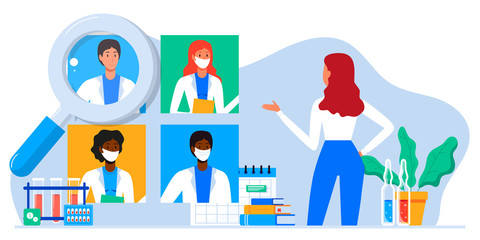 Patient chooses family doctor, doctors team medical staff portraits. Online searching therapist via internet. Mobile app to find a specialist, medical insurance, telemedicine. For banner, flyer