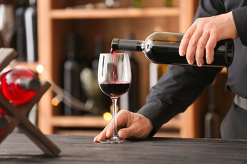 Man pouring tasty wine from bottle into glass in cellar