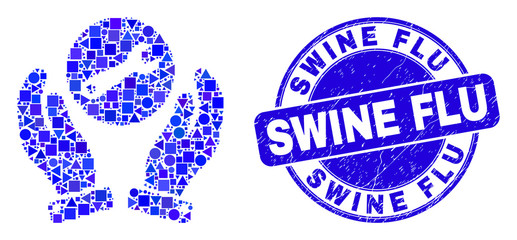 Geometric wrench repair hands mosaic icon and Swine Flu seal stamp. Blue vector round scratched seal stamp with Swine Flu message. Abstract mosaic of wrench repair hands done of circle, triangles,