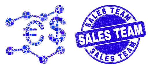 Geometric financial trends mosaic pictogram and Sales Team seal stamp. Blue vector round grunge seal stamp with Sales Team phrase. Abstract mosaic of financial trends constructed of circle, tringle,