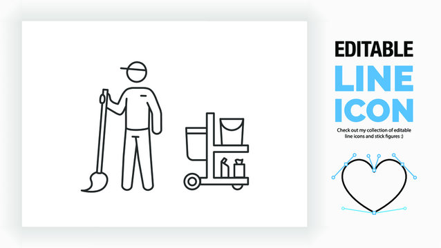 Editable line icon of a janitor, part of a huge set of stick figures! 