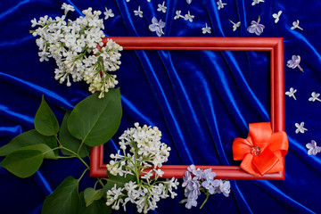 Photo frame and flowers lie on blue velvet