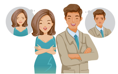 Mental people concept. Feelings, emotions, and gestures in the opposite state. Mental health problems, normal conditions, stress and relaxation conditions, suffering and happiness. Feeling inside.