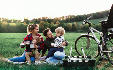 Family with two small children on cycling trip, sitting on grass and resting.