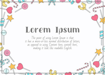 Lollipop - horizontal card with text and vector color illustrations of sugar candy, caramel, sweet snack and other sweets for graphic design