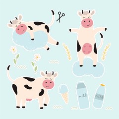 A set of stickers from a set of cows with flowers and dairy products isolated on a white background. Vector illustration for printing in children's magazines and educational games.