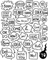 0082 hand drawn background Set of cute speech bubble eith text in doodle style