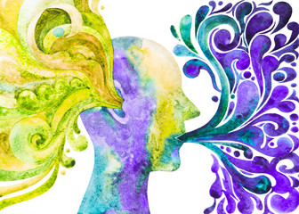 Ascoltare la musica, cantare la canzone. Dipinto acquerello concettuale. Sfondo bianco.