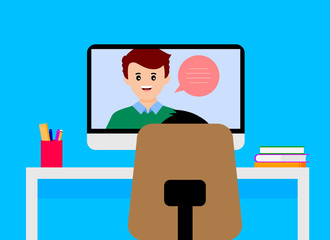 E-learning, online lesson at home, social distance during quarantine, self-isolation, online education concept. student's desktop with computer. Vector illustration isolated on blue background.