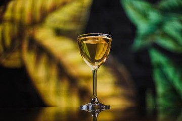 A cocktail in a nick and nora glass garnished with rose petal