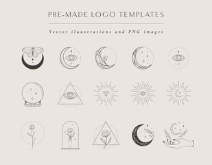 Collection of vector hand drawn logo design templates and elements, frames, detailed decorative illustrations and icons for various ocasions and purposes. Trendy Line drawing, lineart style - 352501305