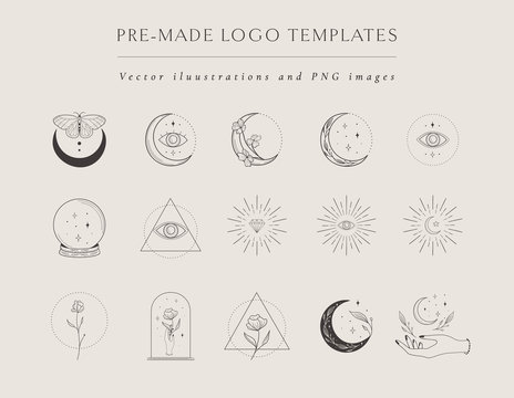 Collection of vector hand drawn logo design templates and elements, frames, detailed decorative illustrations and icons for various ocasions and purposes. Trendy Line drawing, lineart style