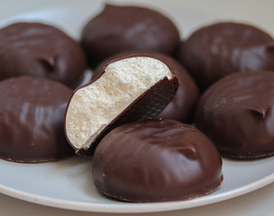 chocolate covered marshmallows close up