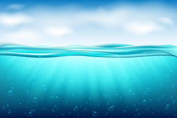 Sea landscape underwater space. Background with realistic clouds horizon water surface.Ocean deep water, sea under water level, sun rays blue wave horizon. Water surface 3D vector concept