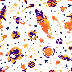Fototapeta na wymiar Seamless background with spaceships and stars, Space Pattern