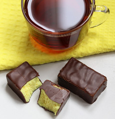 cup of tea and chocolates close up