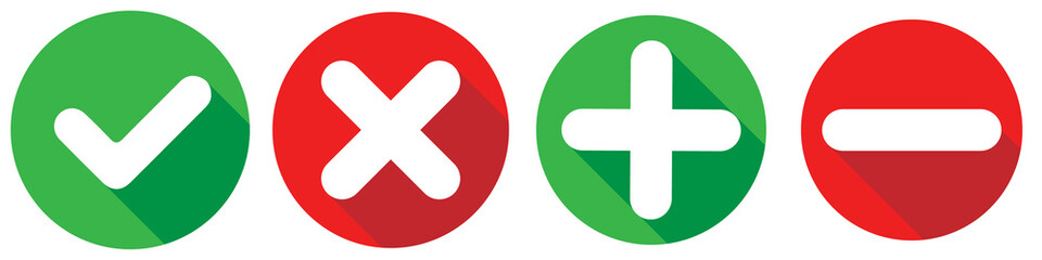 Obraz premium Zestaw płaskich kwadratowych znaczników wyboru, X, znak plus i minus ikony, przyciski na białym tle na białym tle. Plik wektorowy EPS10