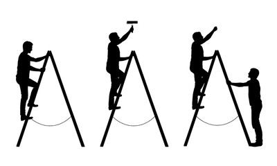 Set of black and white silhouettes of a man craftsman. He paints the wall and holds a ladder - isolated on white background - vector