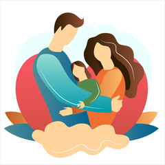 Family.Father and mother silhouette with her baby. Wife and husband. Card of Happy Mothers Day. Vector illustration with beautiful woman, man and child. Happy family. World parents day. Parenting
