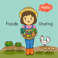 cute girl with the basket of fruit and vegetables in farm, vector illustration