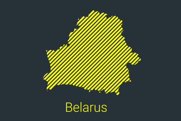 Map of Belarus, striped map in a black strip on a yellow background for coronavirus infographics and quarantine area markers and restrictions. vector