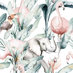 Behang Afrikaanse dieren Tropisch naadloos patroon met flamingo. Aquarel tropische tekening, roze vogel en groen palmboom, tropische groene textuur, exotische bloem