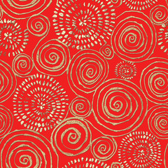 Fototapeta na wymiar Abstract seamless pattern with 3d golden glittering acrylic paint round spiral circles on red background