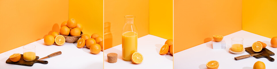 collage of fresh orange juice, ripe oranges, cutting board with knife on white surface on orange...