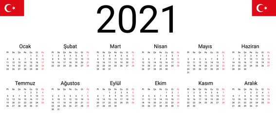 Turkey 2021 calendar. Vector design template start from monday. All months for wall calendar