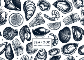 Vector background with hand drawn shellfish illustrations - clams, oysters, mussels, shrimps sketches. Decorative card or flyer design with seafood sketch. 