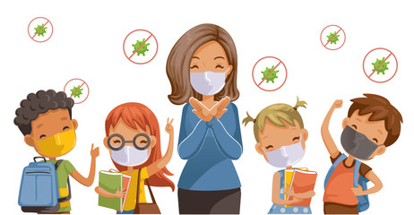 Back to school for new normal concept. Preventing disease, Covid-19. Children wearing sanitary masks. Gesture of teachers, students and friends at the school. Vector illustration isolated. 